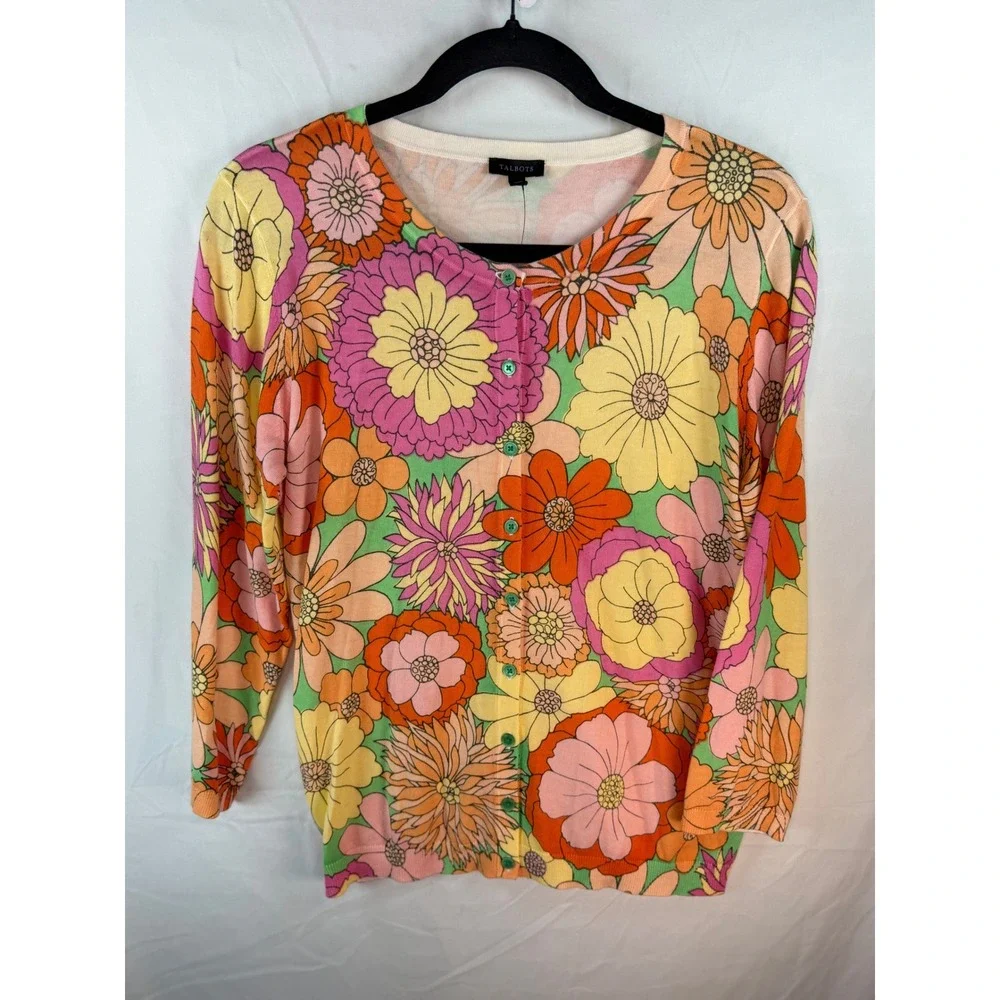 Talbots Floral Cardigan Sweater Womens Med NWT Pink Orange Retro 60s Psychedelic